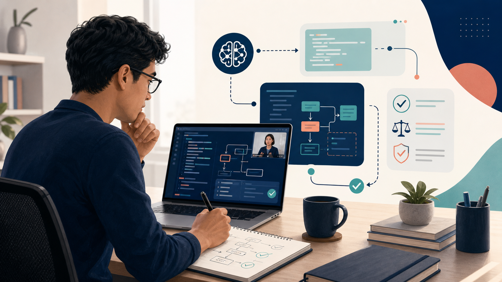 Software engineer reviewing an AI agent workflow, verification checklist, and interview notes at a laptop