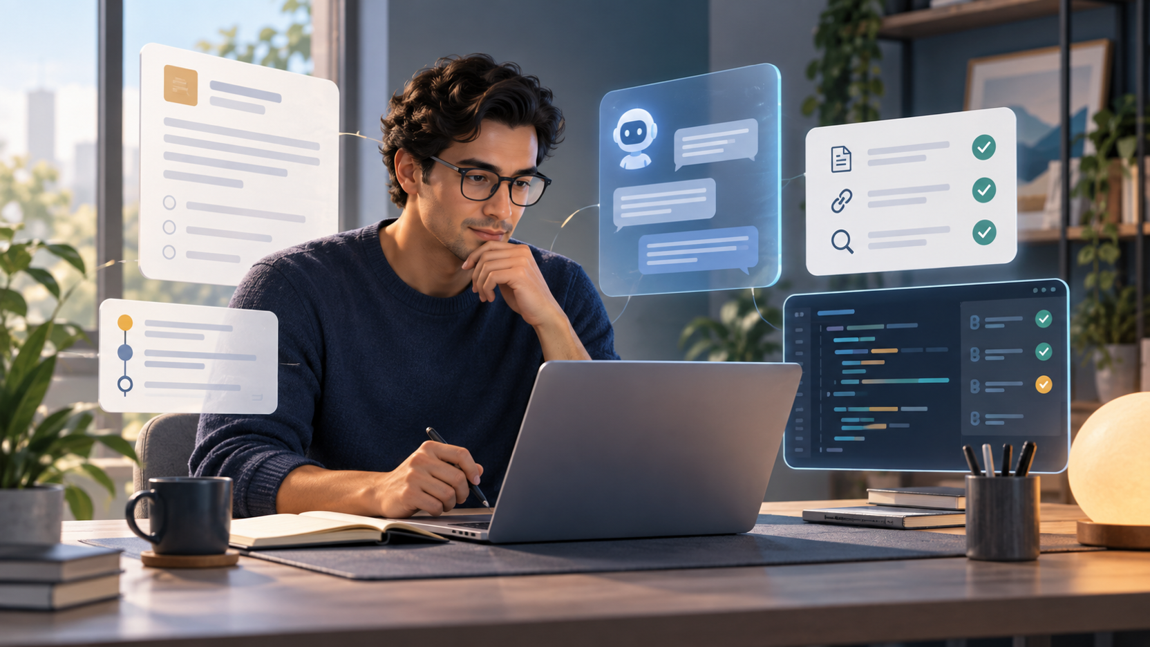 Candidate reviewing an AI-assisted work trial plan, code checks, and a decision log at a laptop