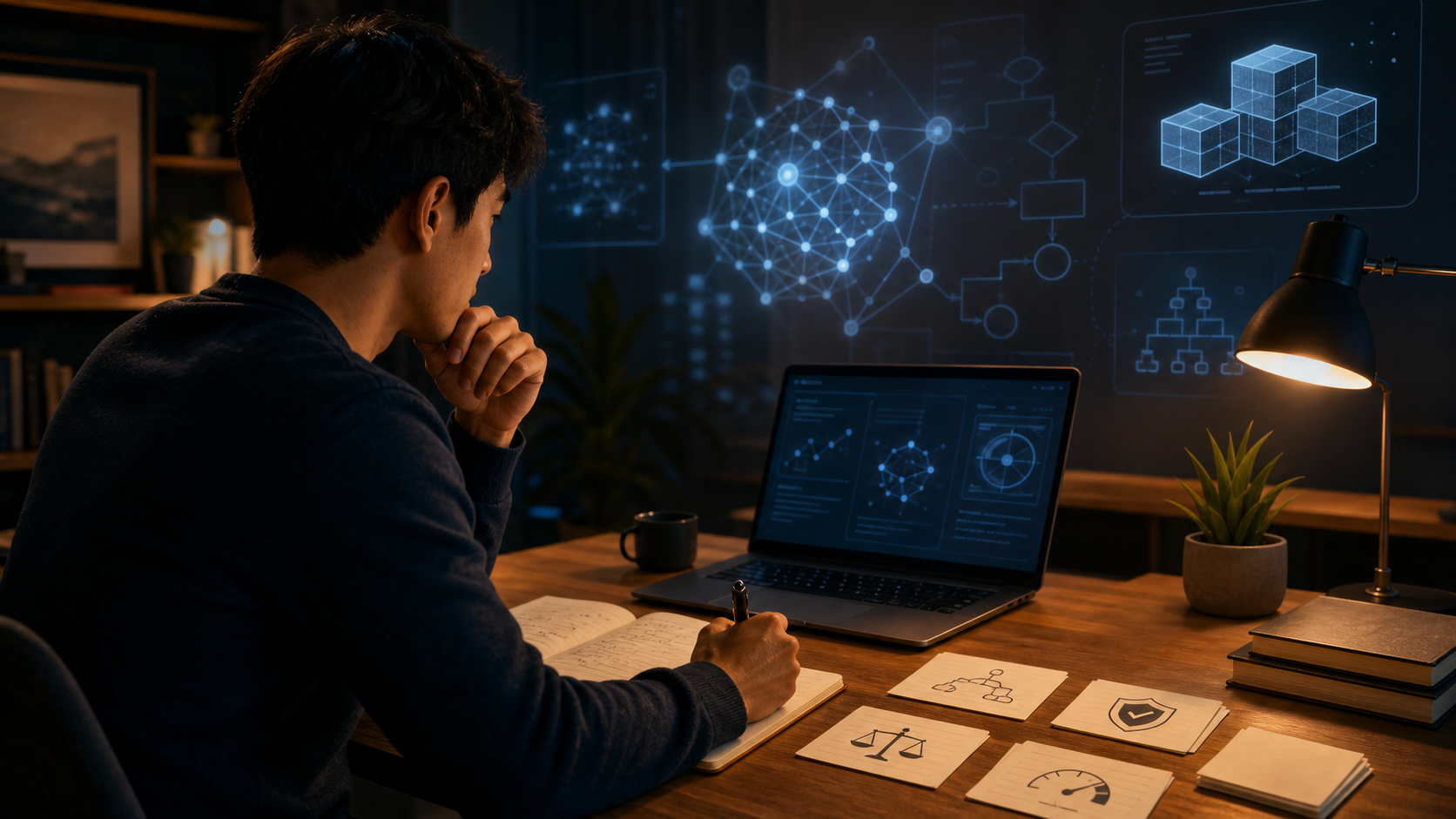 Candidate preparing evidence-based answers for an AI company interview