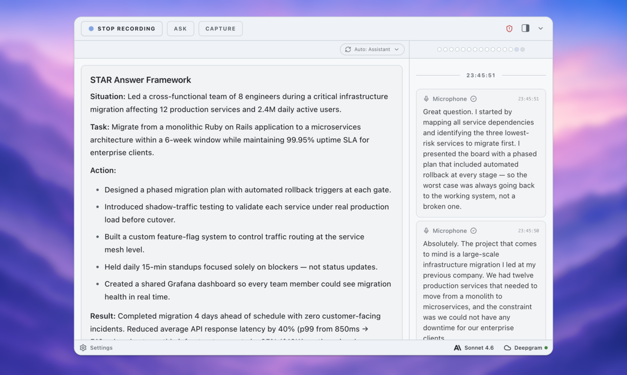 ExtraBrain live coaching analysis with structured follow-up prompts