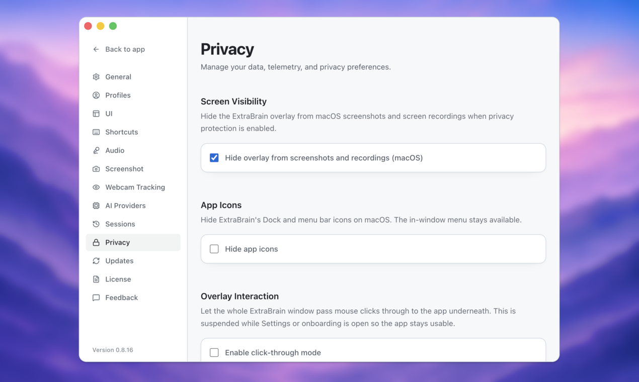 ExtraBrain privacy controls for user-controlled capture