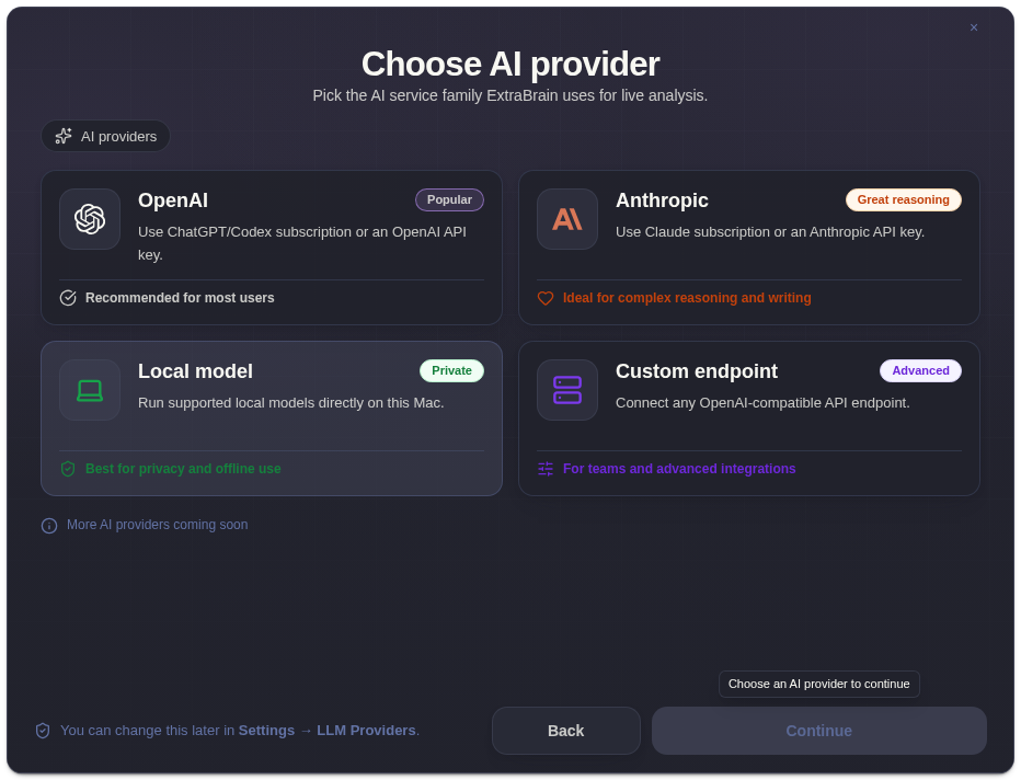 AI provider chooser in ExtraBrain onboarding