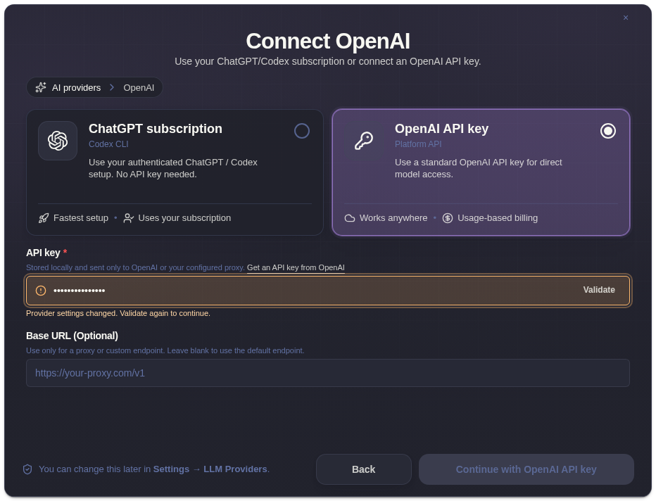 OpenAI provider form in onboarding