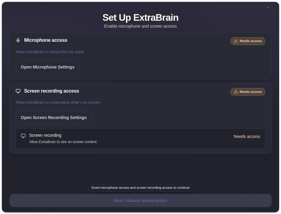 ExtraBrain permissions step during onboarding