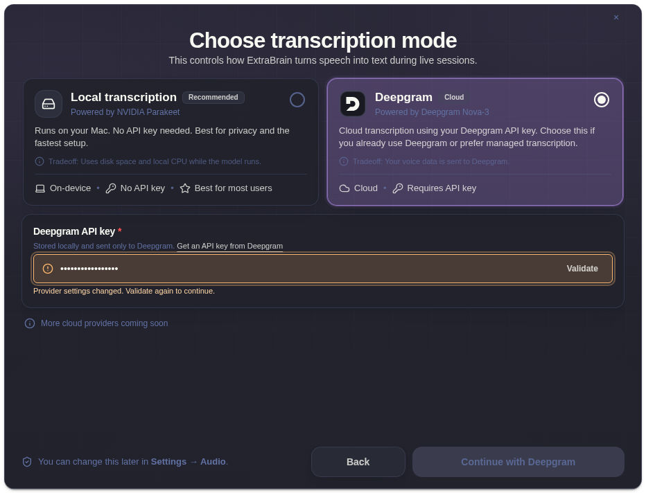 Deepgram key field during onboarding