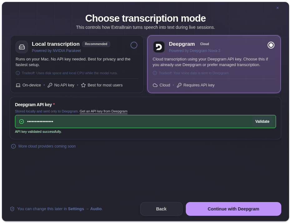 Deepgram validation success during onboarding