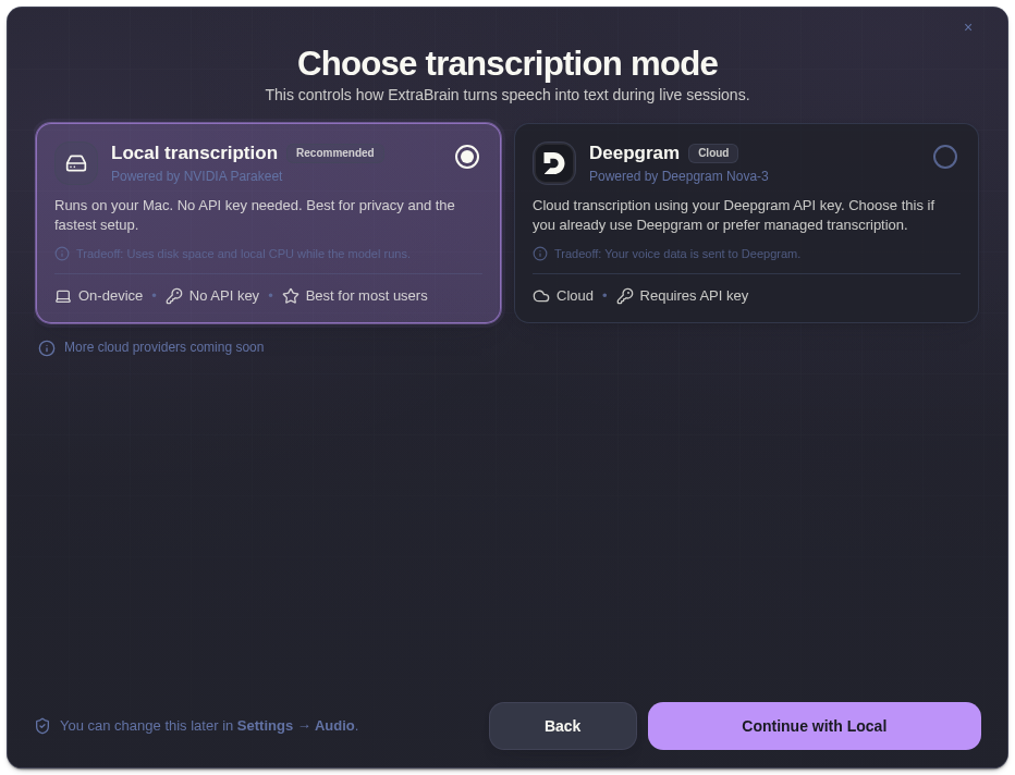 Local transcription selected during onboarding