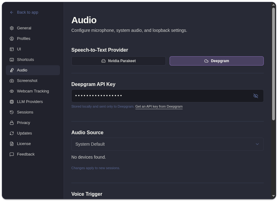 ExtraBrain audio settings with transcription provider and microphone controls