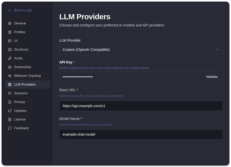 ExtraBrain custom OpenAI-compatible provider settings with Base URL and model name fields