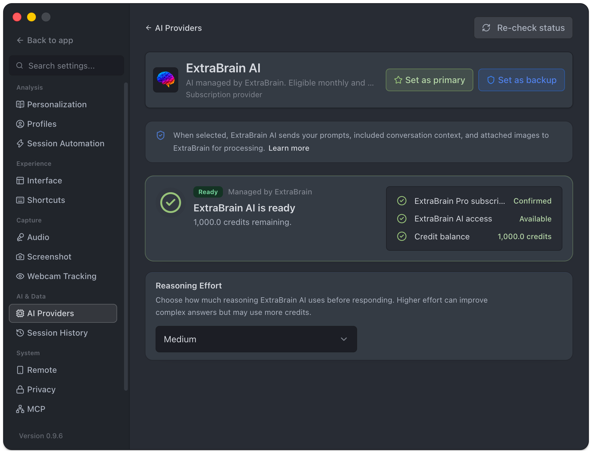 ExtraBrain AI ready with an example credit balance and reasoning effort controls