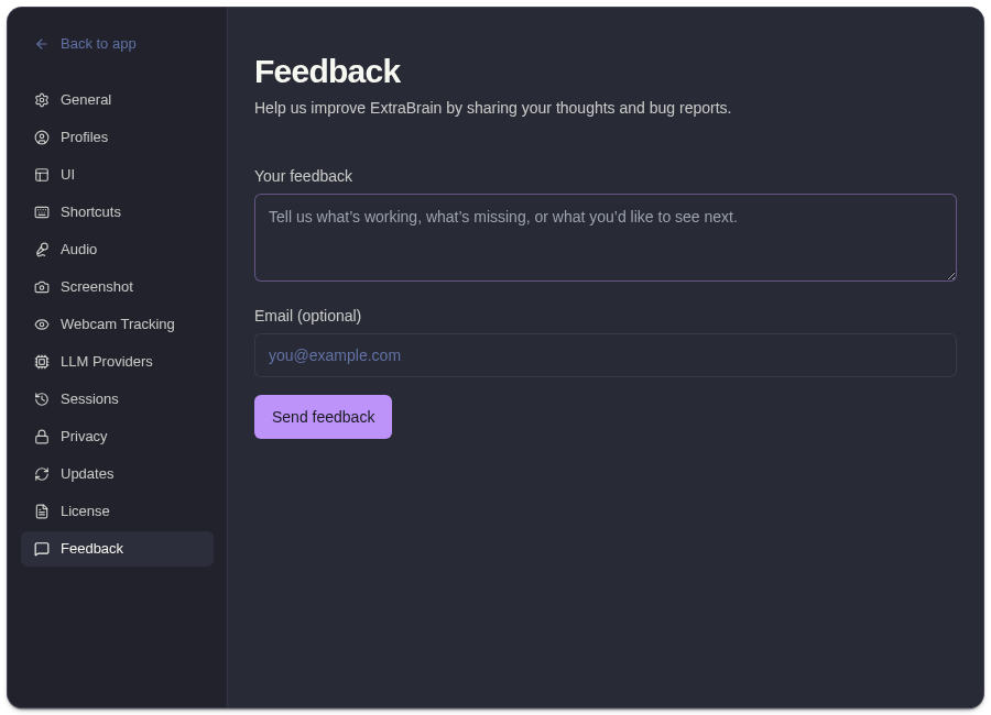 ExtraBrain feedback settings with message and optional email fields
