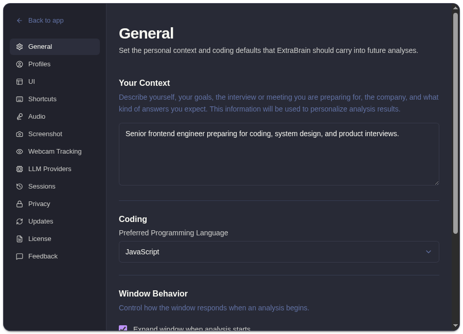ExtraBrain general settings with personal context and language controls