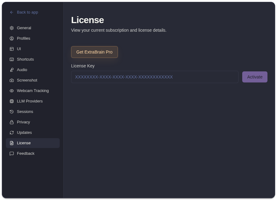 ExtraBrain license settings tab for Pro activation