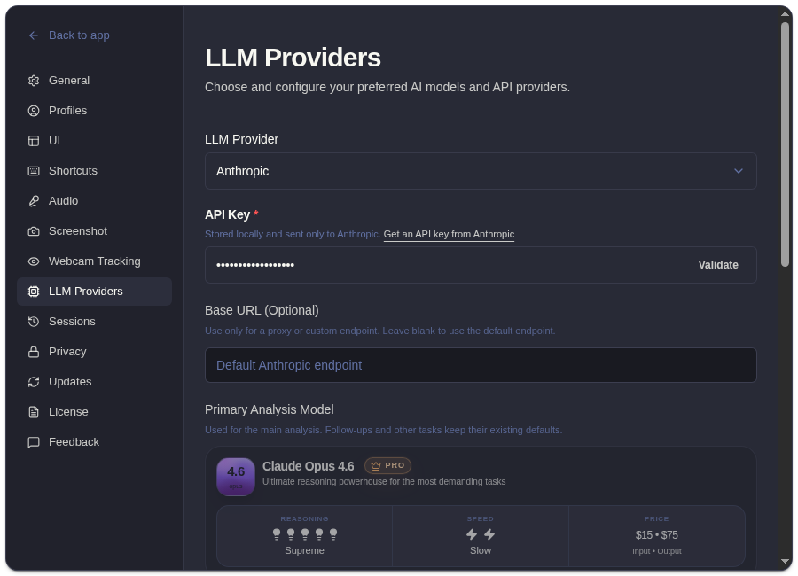 LLM Providers settings tab with Anthropic selected