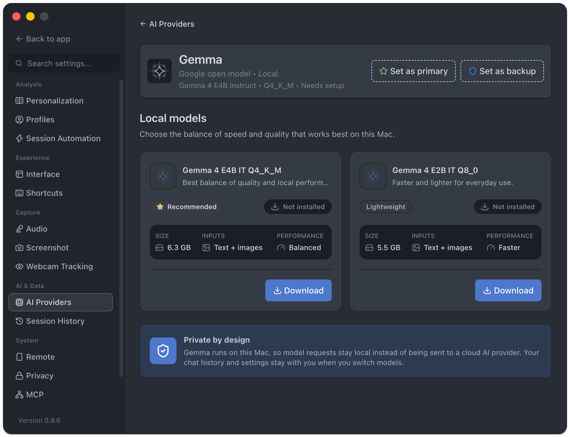 Gemma provider details with local model setup and management controls
