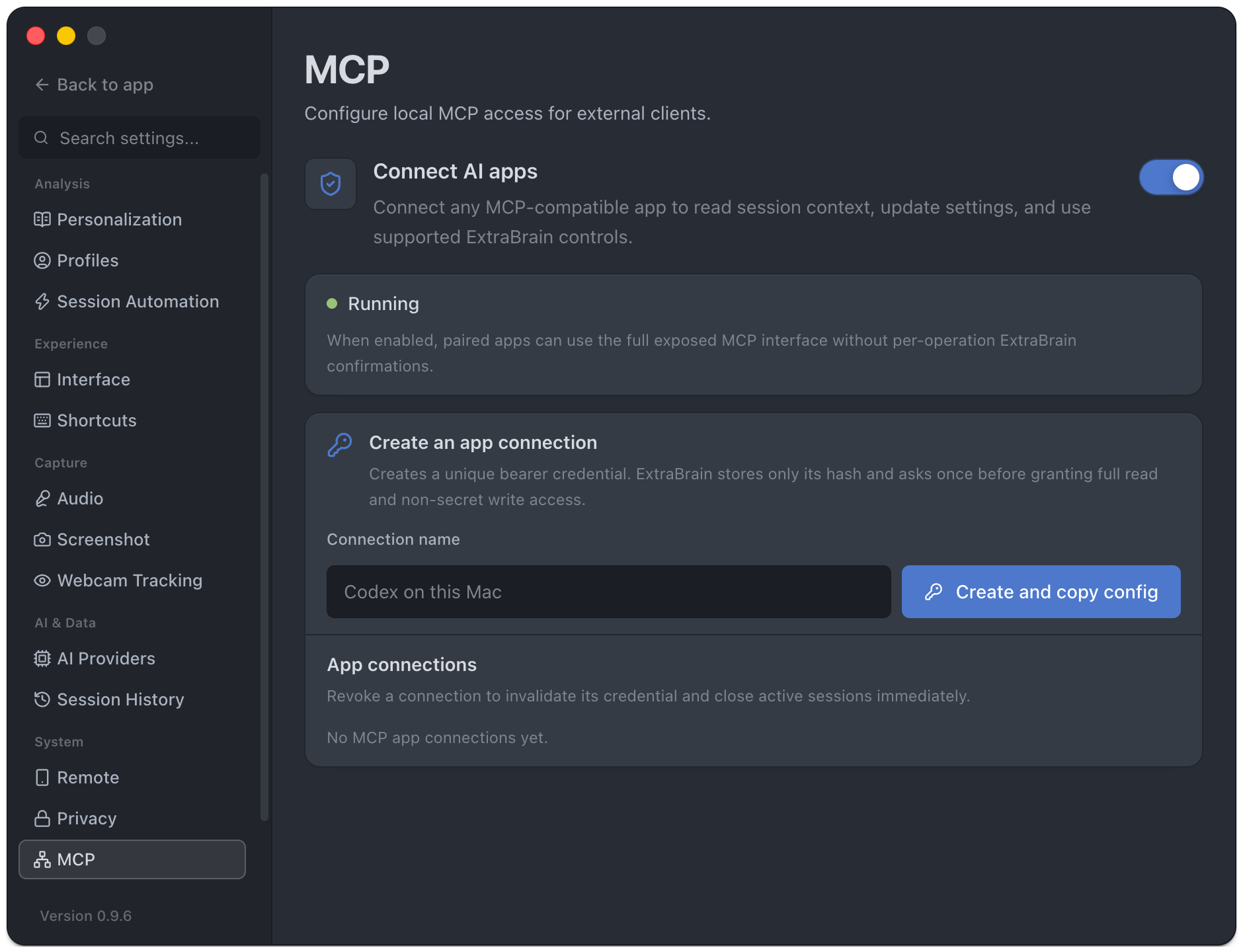 MCP settings showing the paired-app switch and connection management