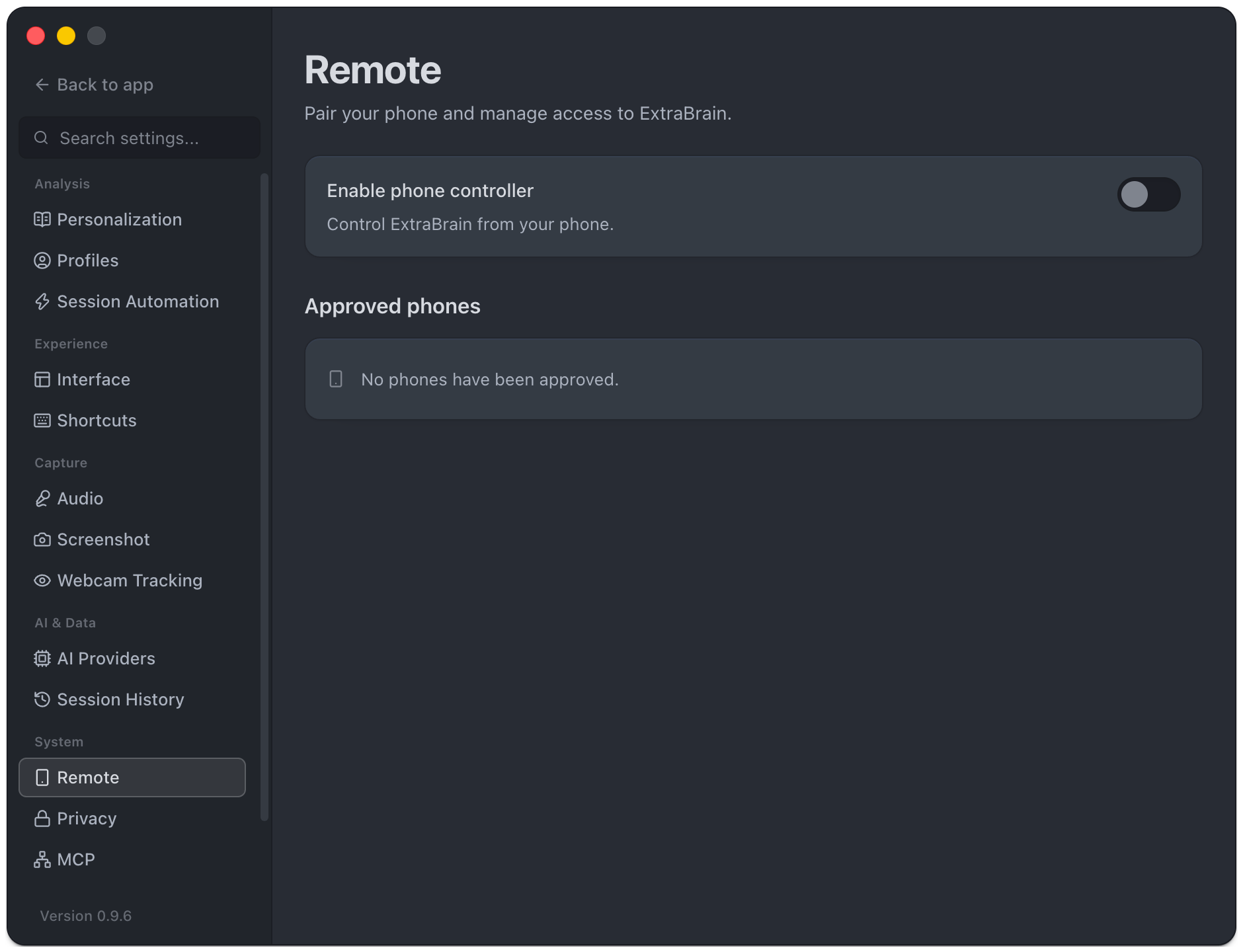 Mac Remote settings showing the phone-controller switch and approved-phone area