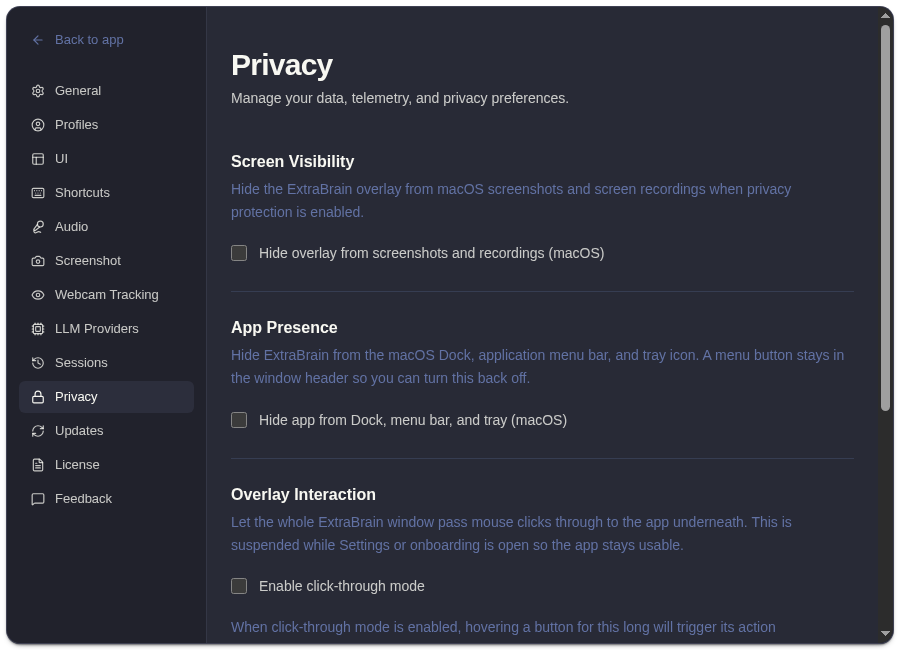 Privacy settings in ExtraBrain