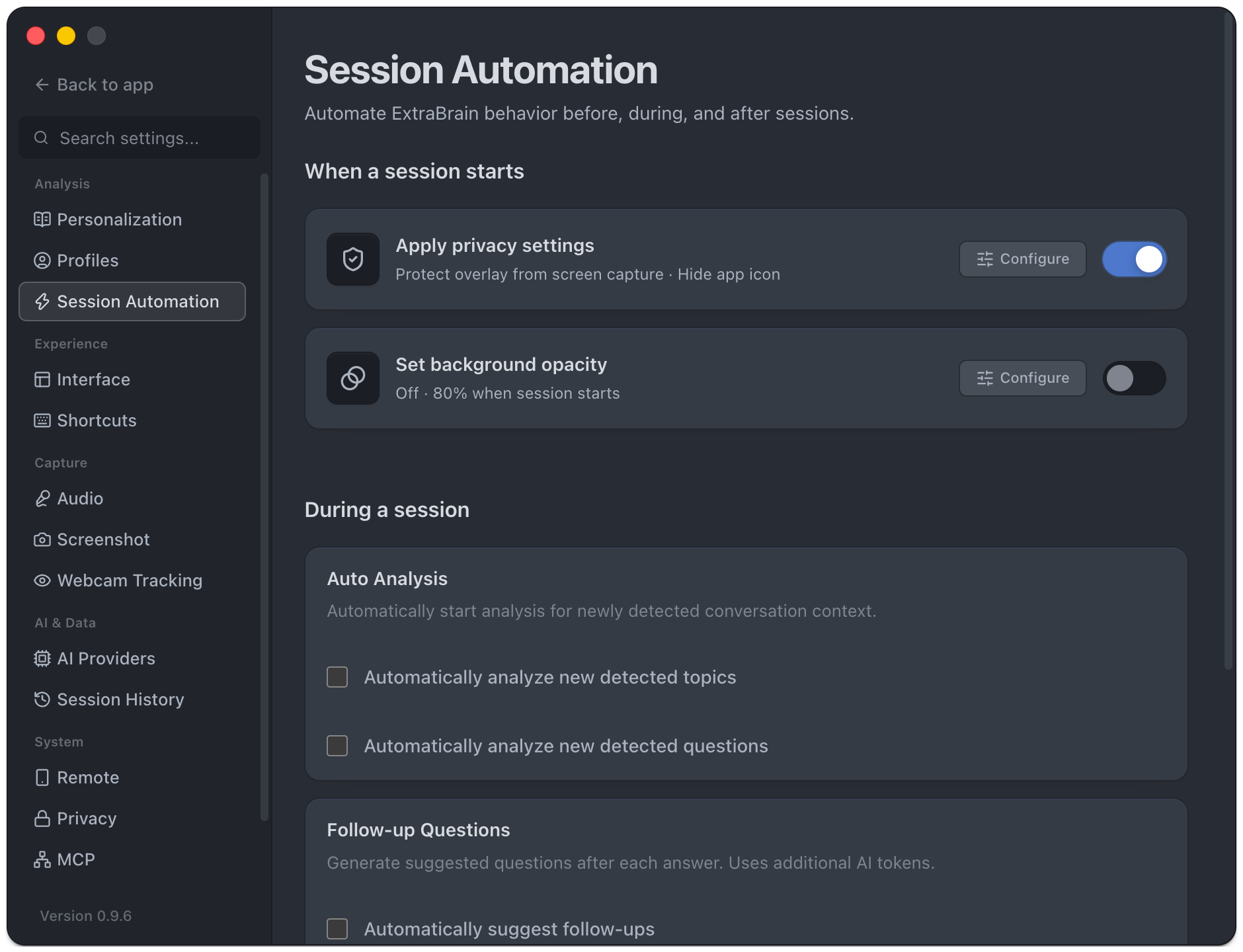 Session Automation settings for session start, live analysis, and session end