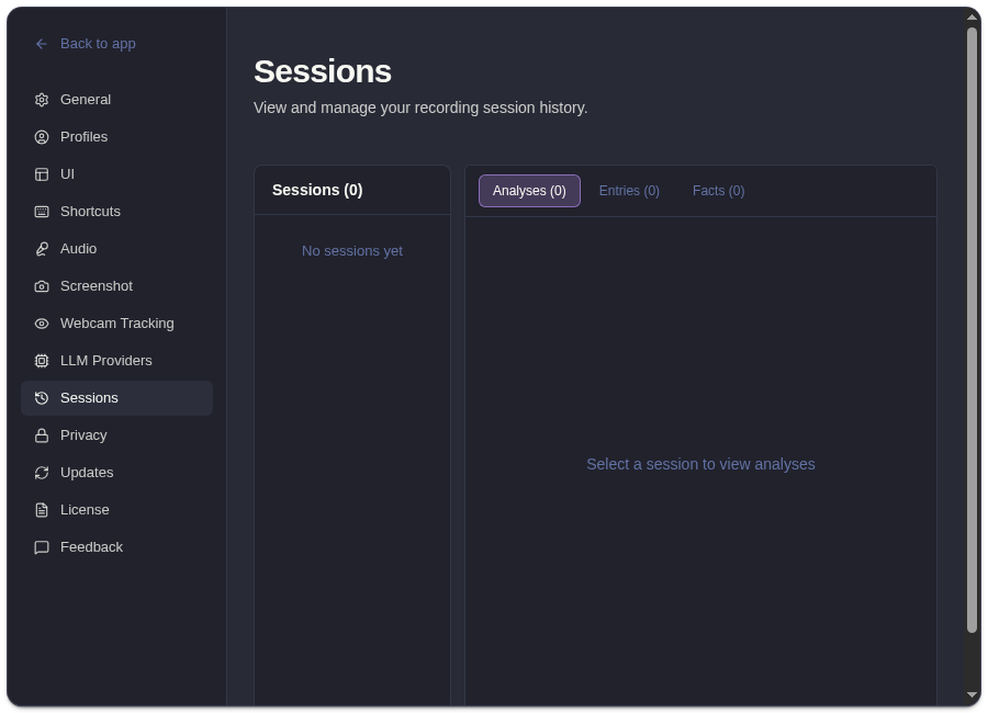 ExtraBrain settings sessions tab showing local session history controls