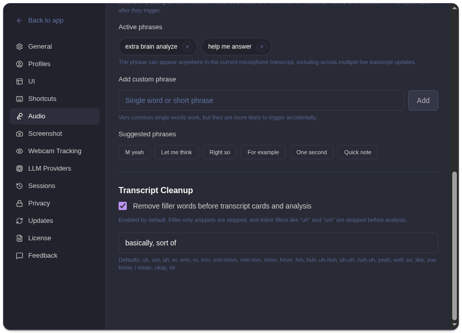 ExtraBrain audio settings focused on transcript cleanup controls