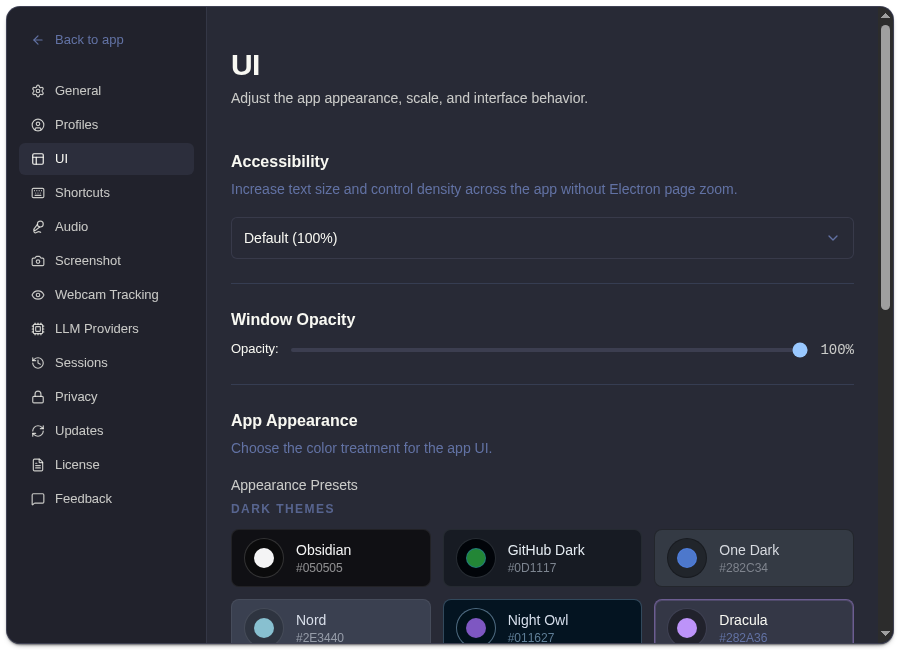 ExtraBrain UI settings with appearance and code theme controls