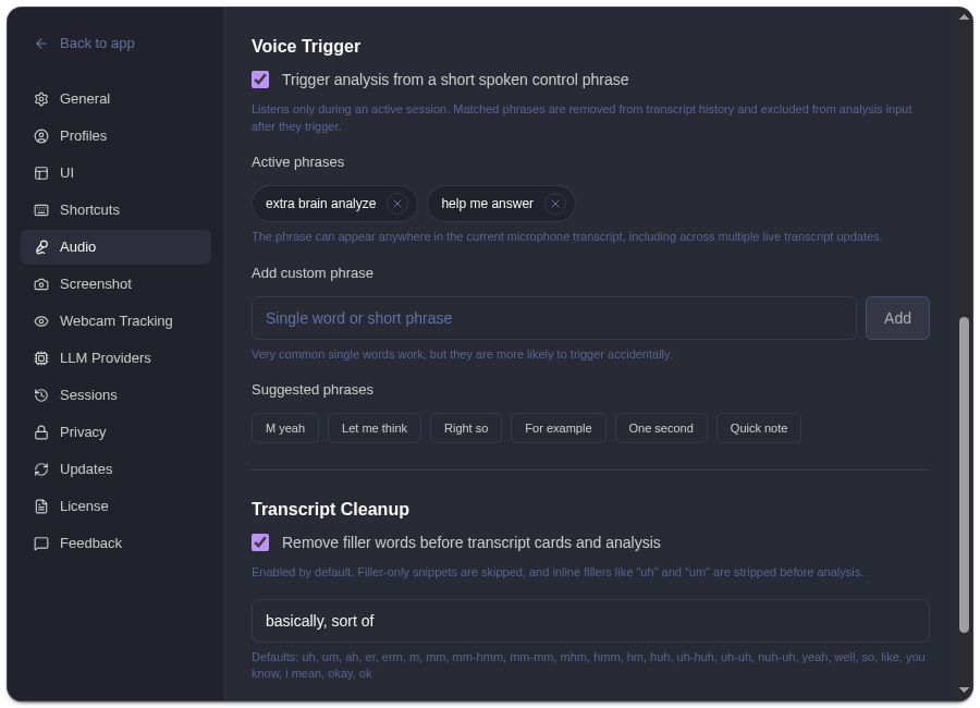 ExtraBrain audio settings focused on Voice Trigger controls