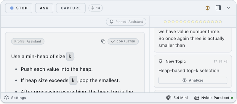ExtraBrain live session showing transcript-aware interview support