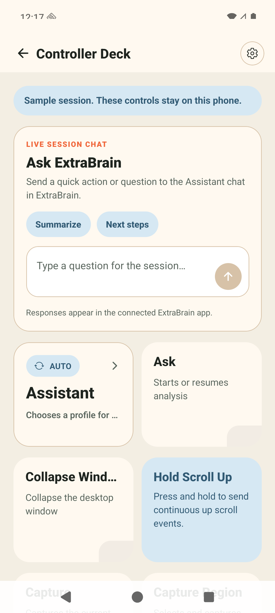 ExtraBrain Android Controller Deck with a question composer, profile card, and analysis control