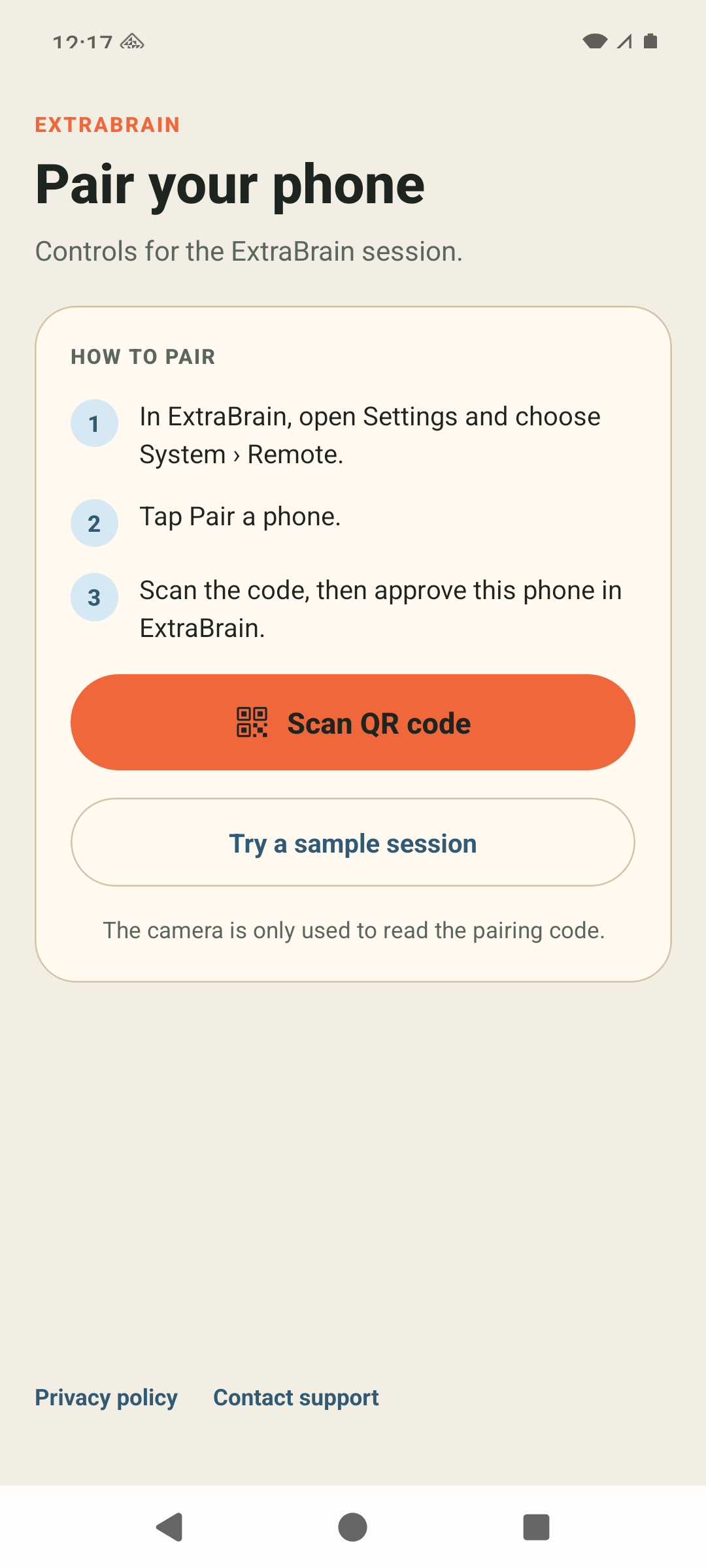 Android pairing screen with three setup steps, Scan QR code, and Try a sample session