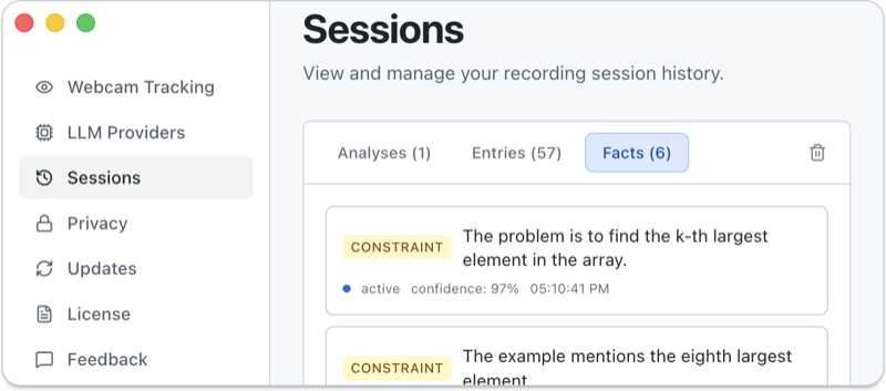 ExtraBrain sessions history with saved facts